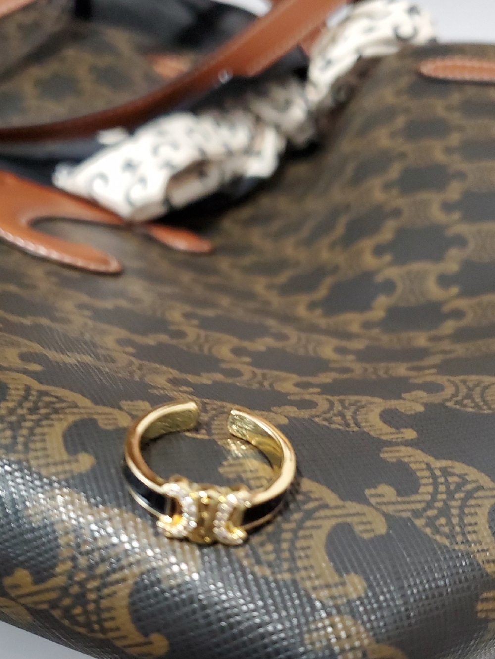 Celine Gold-Tone Ring with Black Enamel and Crystal Logo Accent Fashion Ring - Picture 3 of 5